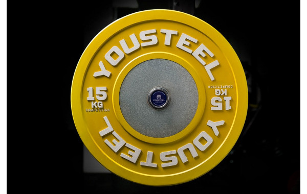 Диск 15кг каучуковый соревновательный YouSteel желтый 600_380